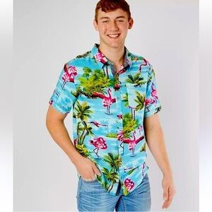 Tropical Flamingo Print Coastal Beach Summer Men’s Shirt, Size Medium